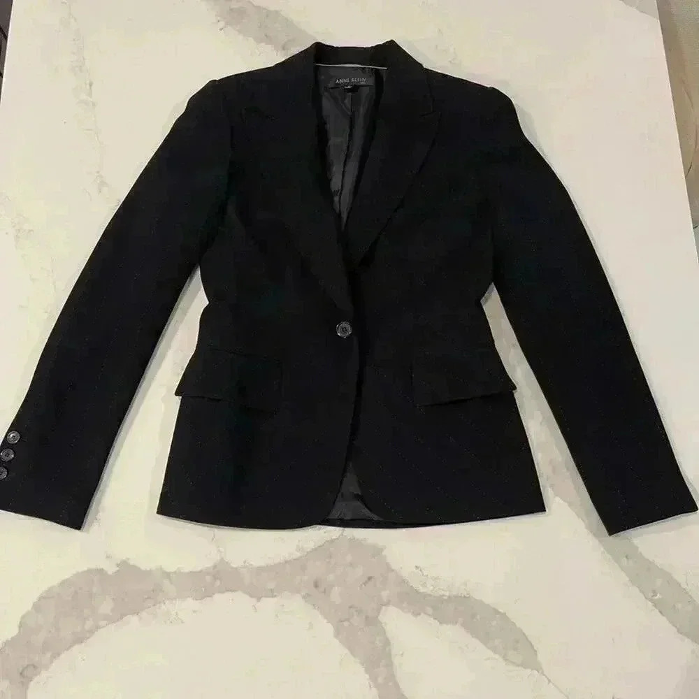 Anne Klein Blazer Jacket Padded Shoulder Asymmetrical Gold Pin Stripes Women's 4